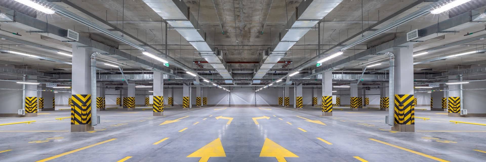 Parking Garage Drive Lane, photographed at night