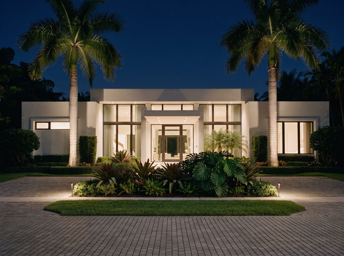 The same estate exterior after dark with landscape lighting