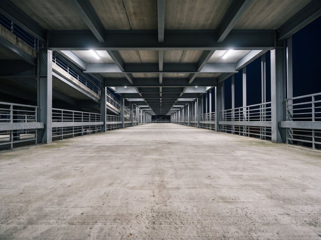 Parking structure lit after dark