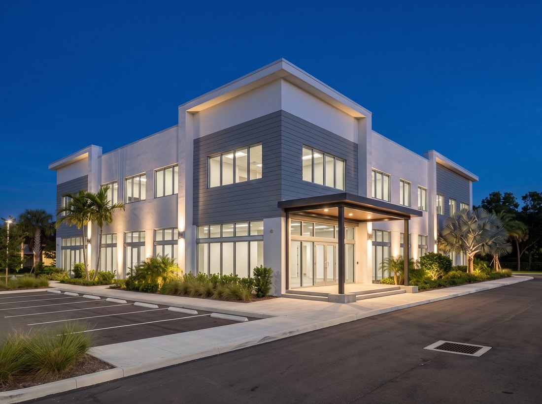 Two-Story Commercial Shell lit after dark