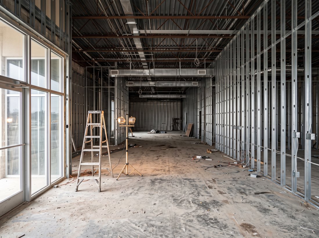 A bare leased shell: steel studs, open ceiling, unfinished floor