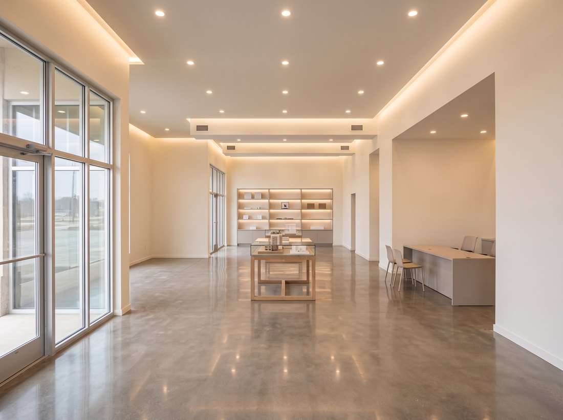 The same space finished, furnished and lit